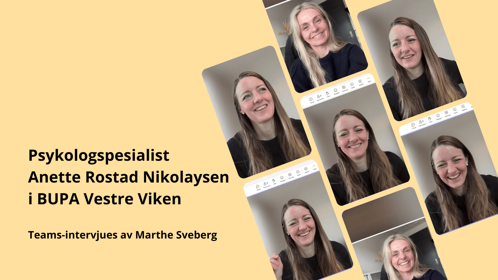 Bilder av psykologspesialist Anette Rostad Nikolaysen som intervjues på Teams av Marthe Sveberg